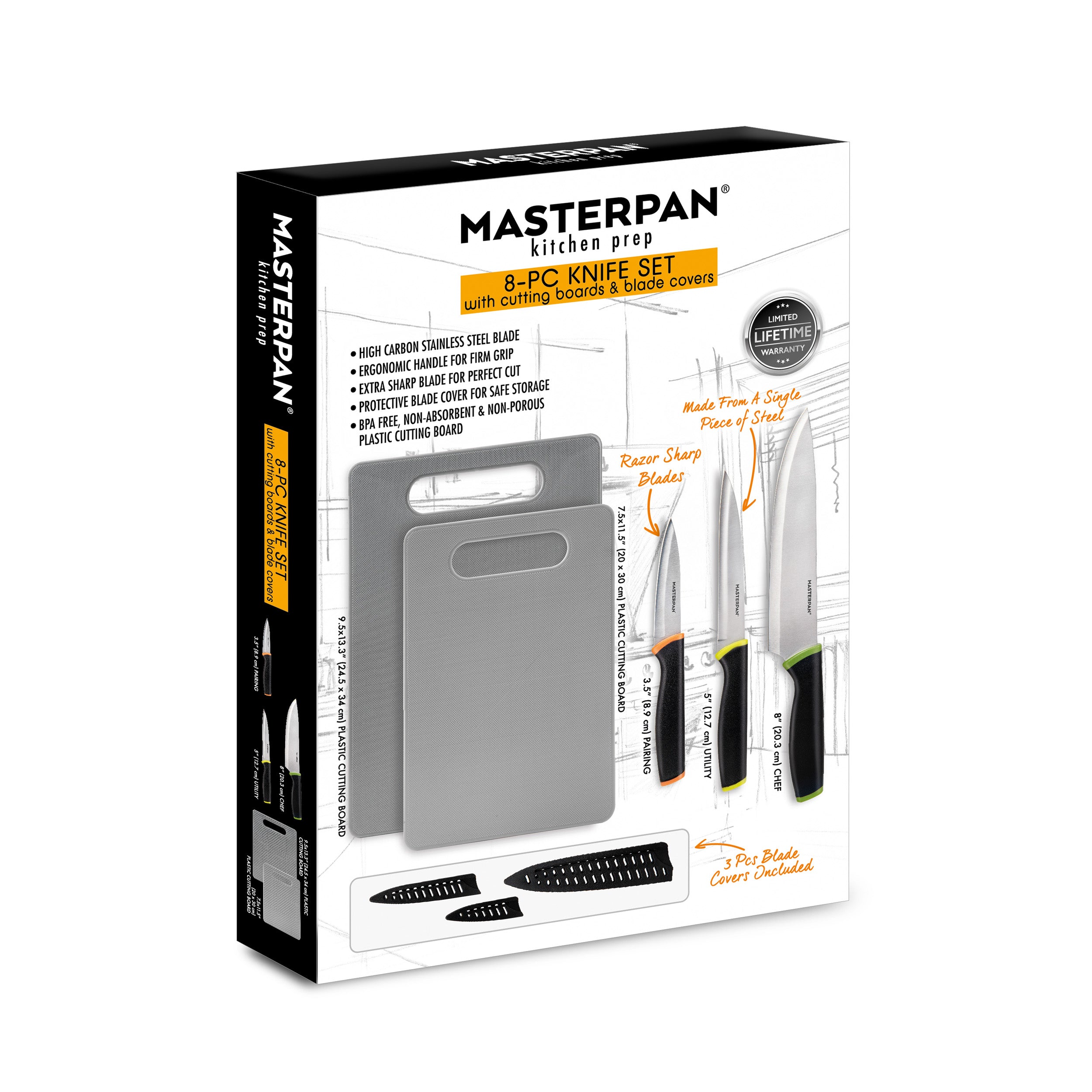 MASTERPAN Kitchen Prep 12-pc Knife Set With Protective Blade Covers,  Stainless Steel Blade and Non-Slip Handle