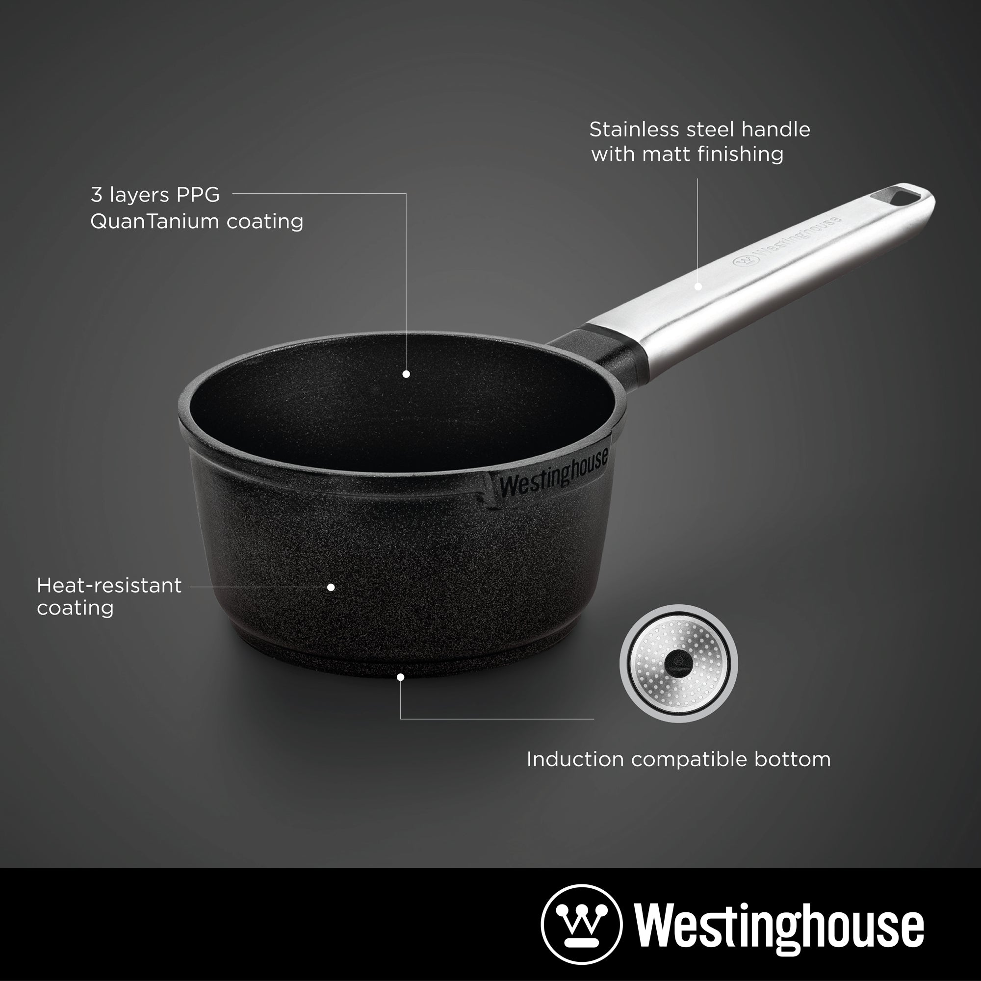 Westinghouse WH-5 2 qt. x 7 in. Cast Aluminum Sauce Pan with Quantanium Non-Stick, Black