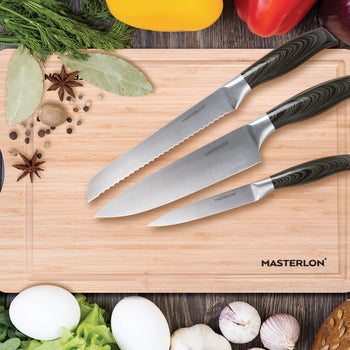 MASTERPAN 4-Pc Knife Set with Bamboo Cutting Board, 12x16