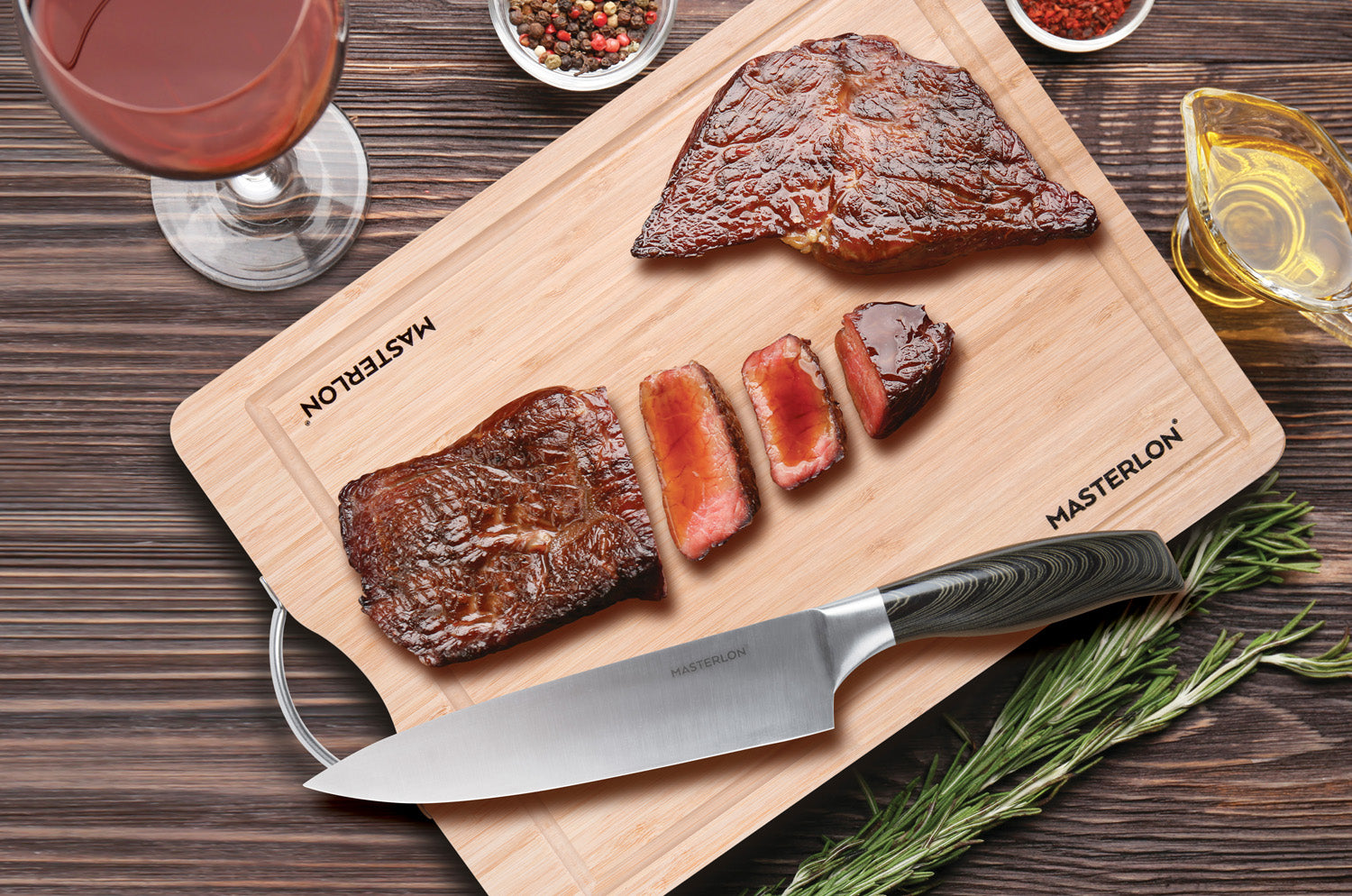 Masterlon knife on Masterlon Bamboo Cutting board with chopped beef
