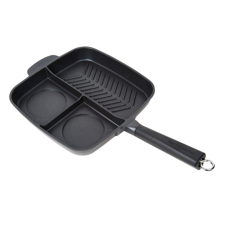 Products 3-SECTION NON-STICK CAST ALUMINUM GRILL & GRIDDLE SKILLET WITH BAKELITE HANDLE, 11"