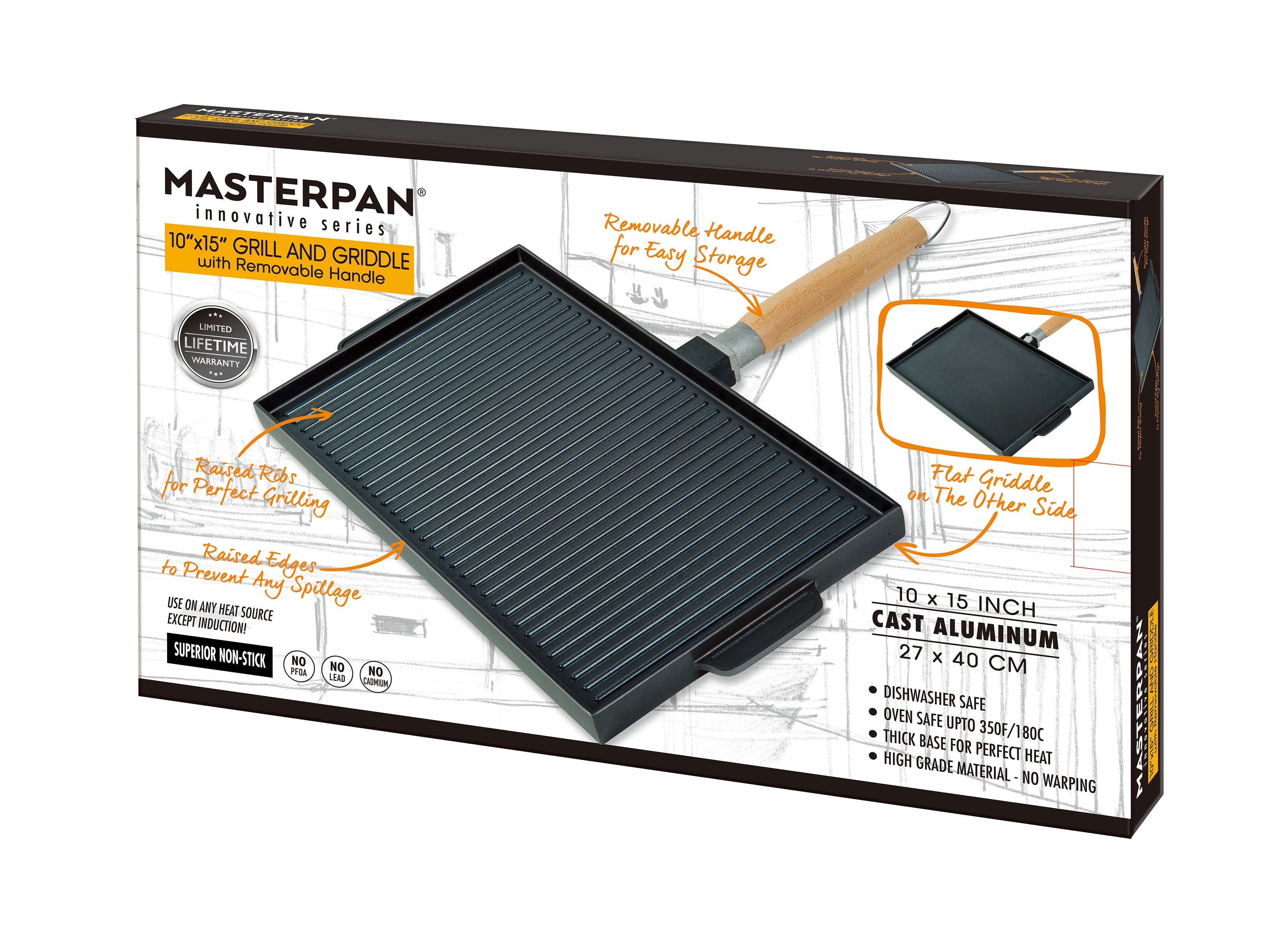 MasterPan Non-Stick Grill and Griddle Pan with Removable Handle, 15  (Innovative Series), black and Brown
