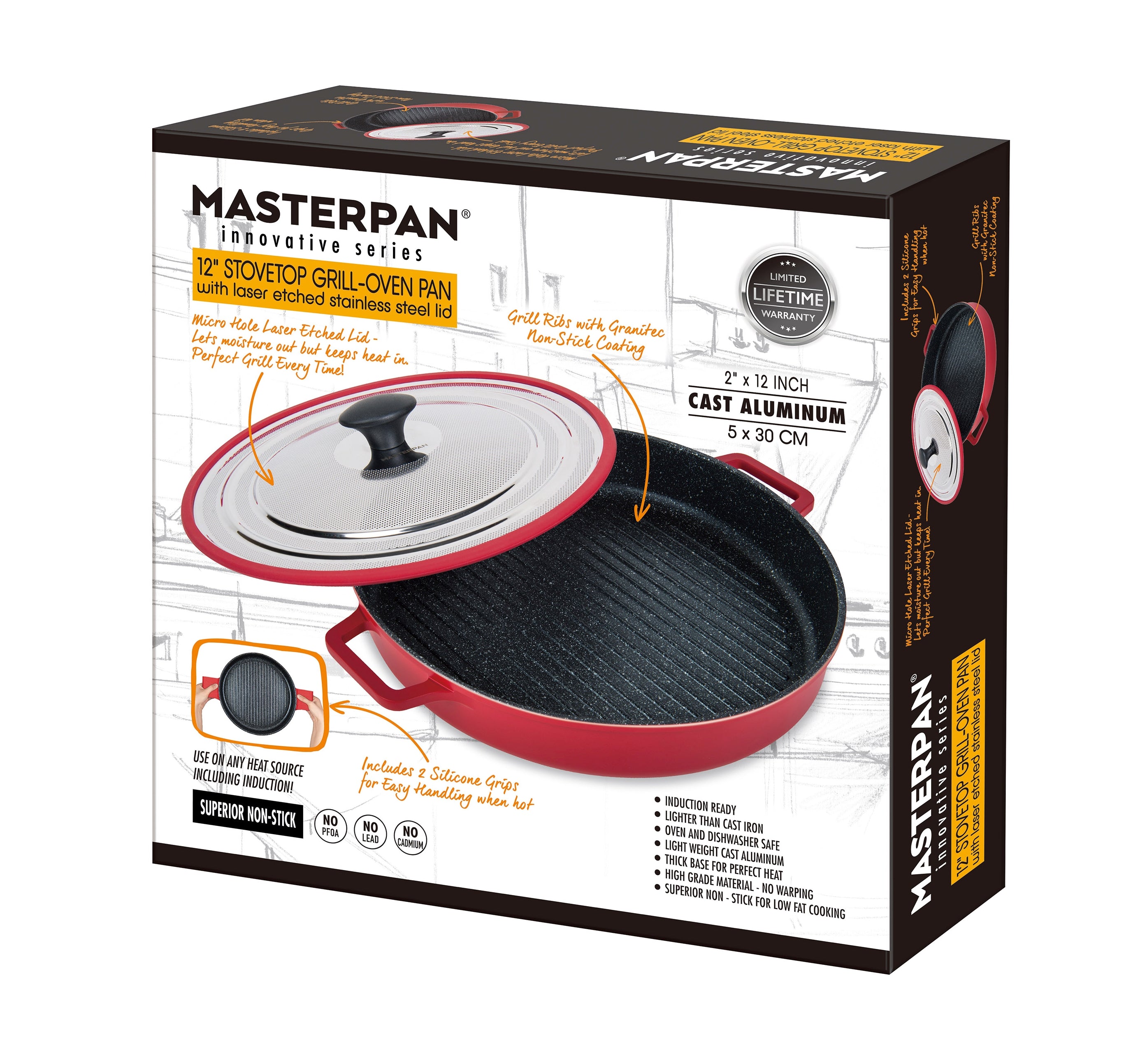 MasterPan Stovetop Oven Grill Pan with Heat-in Steam-Out Lid, Red, 12