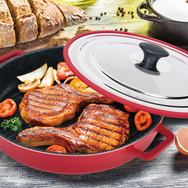 MASTERPAN Nonstick Stovetop Oven Grill Pan & Stainless Steel Lid, Red 12