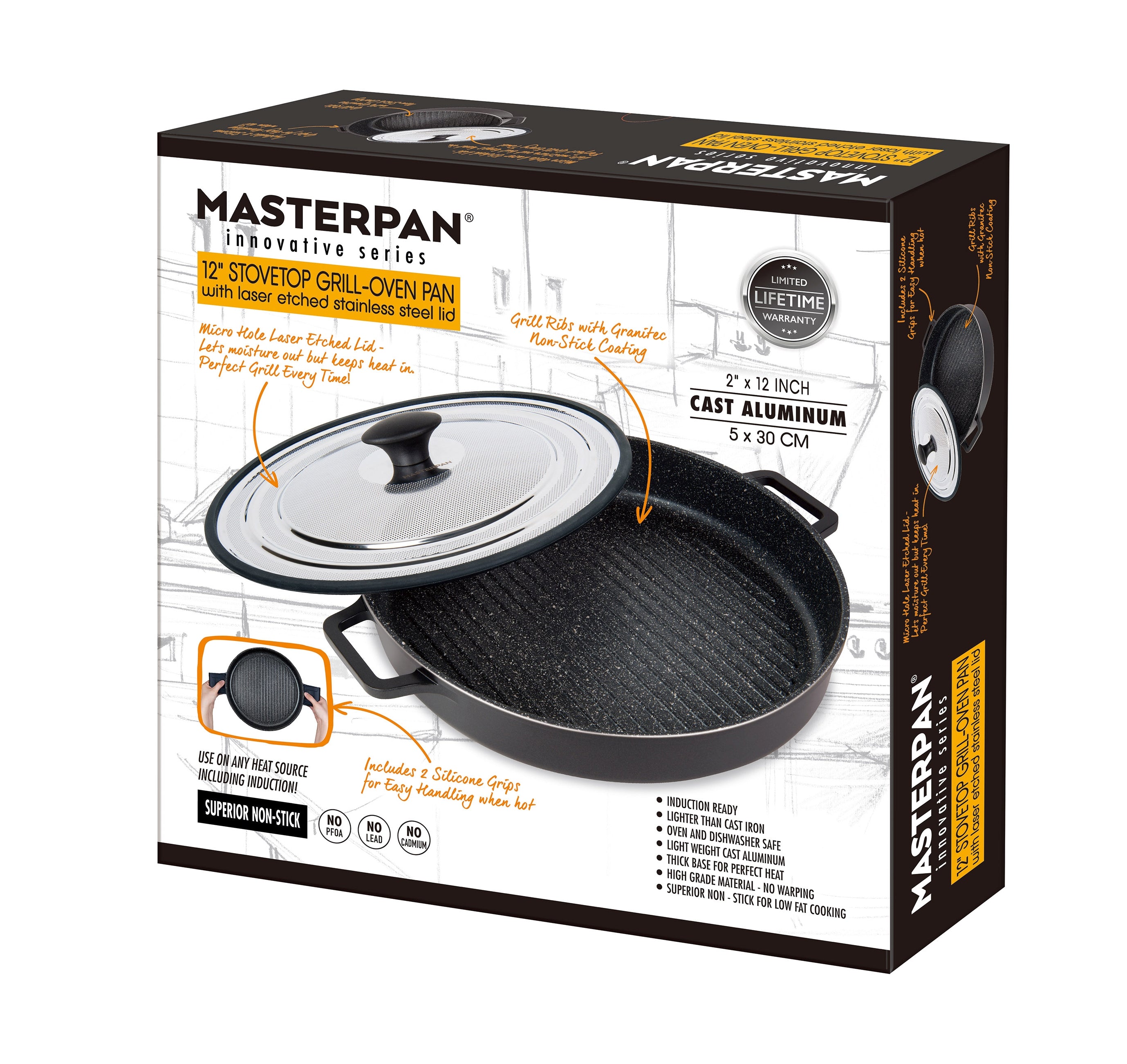 MasterPan MP-179 10 in. Grill Pan & Non-Stick Aluminium Cookware with Stainless Steel Chefs Handle