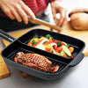 2-SECTION NON-STICK CAST ALUMINUM GRILL & GRIDDLE SKILLET with chicken and vegetable 