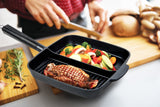 2-SECTION NON-STICK CAST ALUMINUM GRILL & GRIDDLE SKILLET with chicken and vegetable 