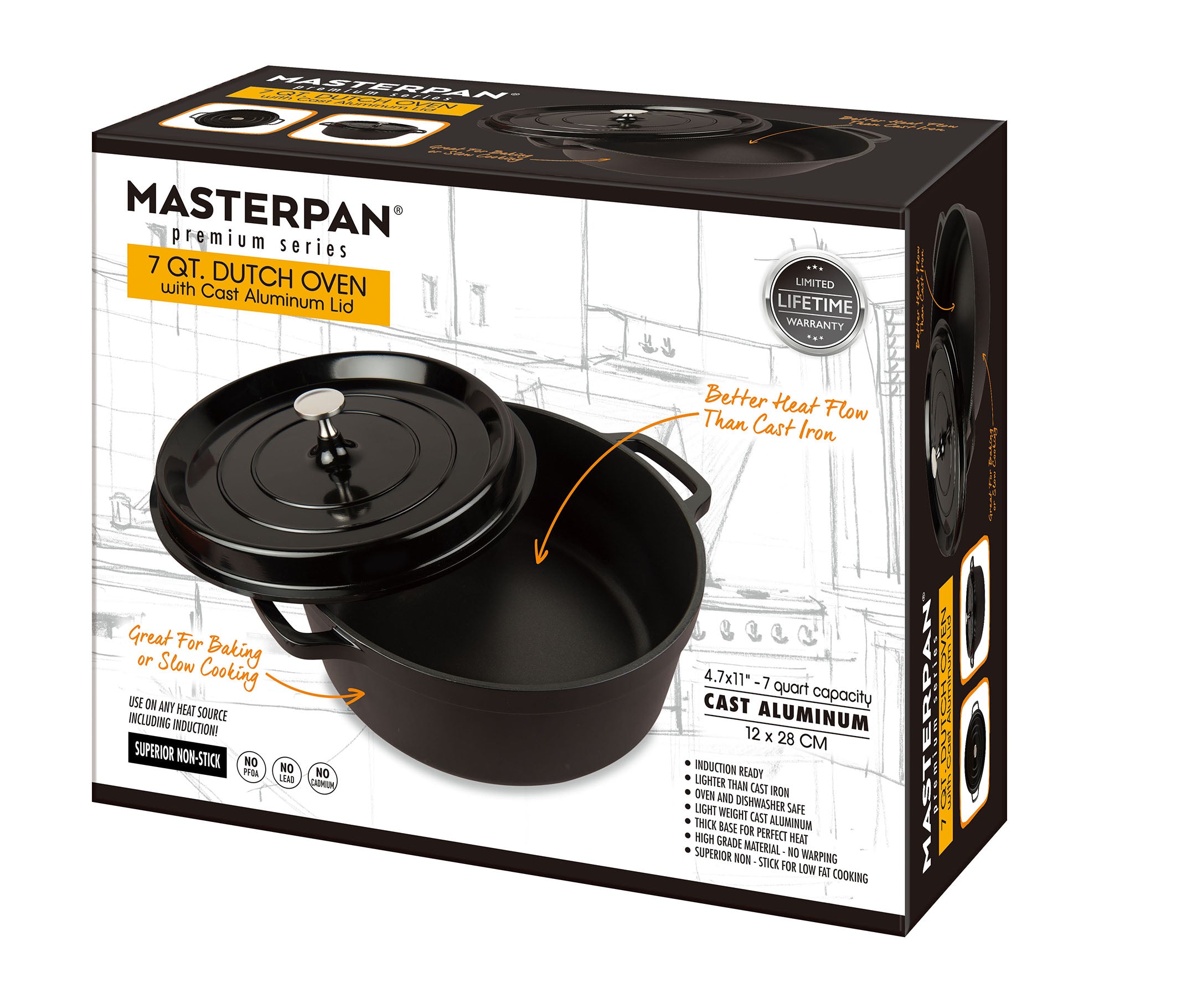 MasterPRO Gastro Ceramic Cast Aluminum 7.5 qt. Dutch Oven with Tempered Glass Lid, Blue