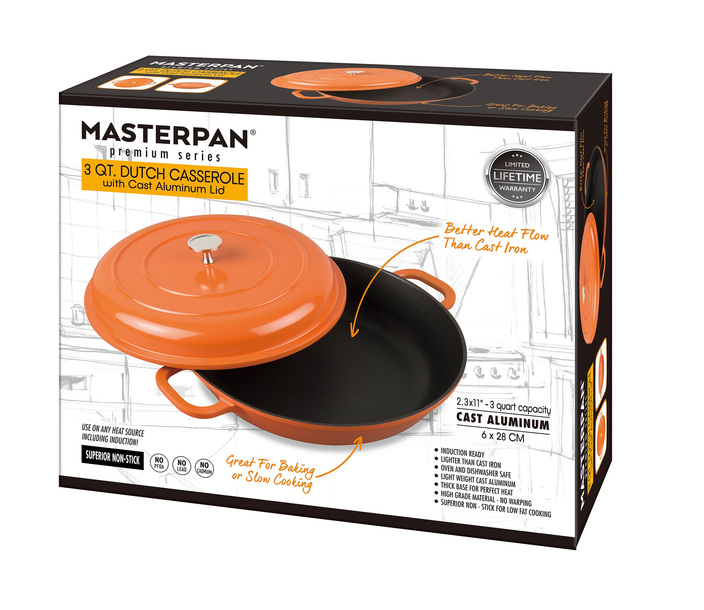 MasterPan 3 qt Non-Stick Cast Aluminum Dutch Casserole 11 in Orange