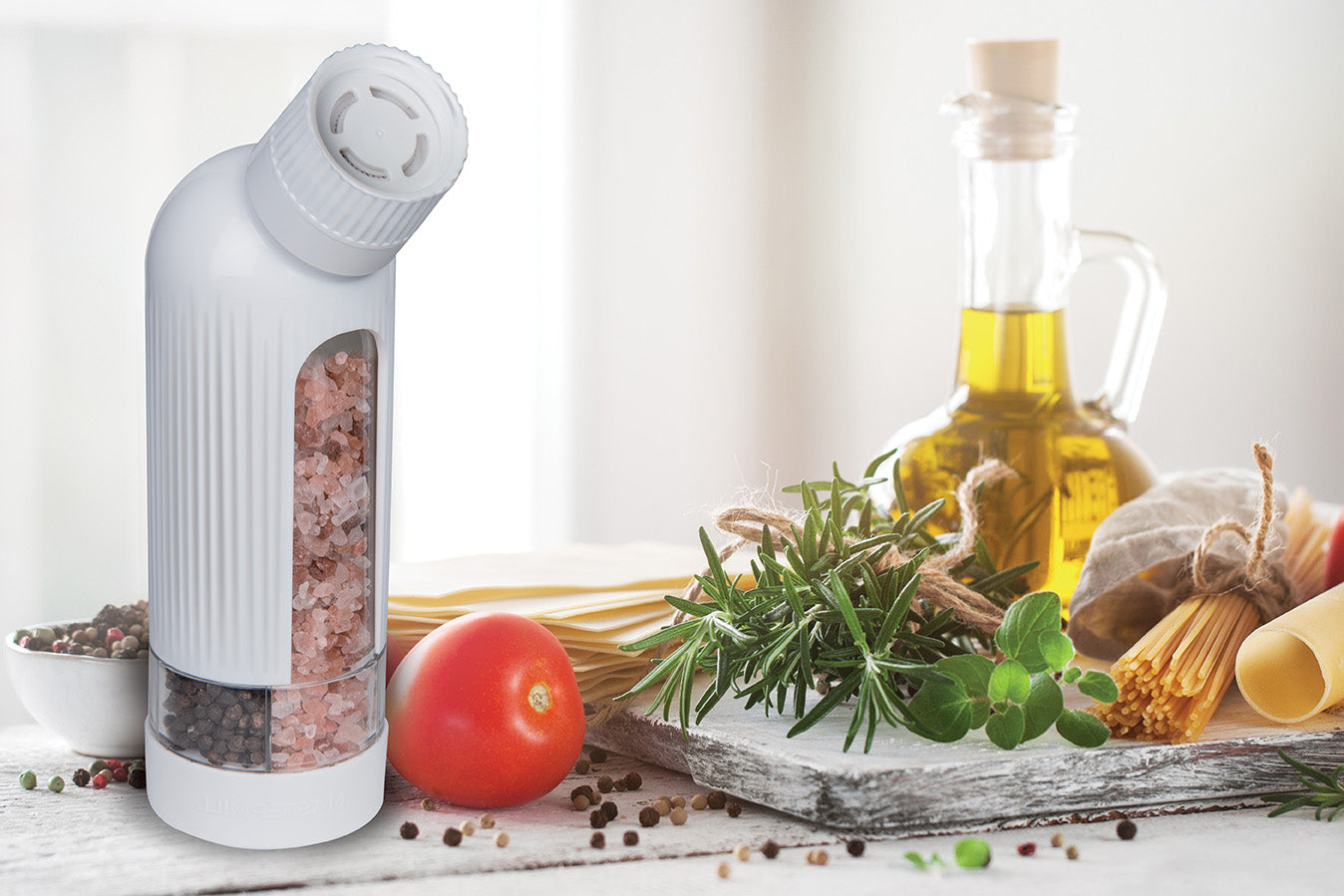 MASTERMILL 5-in-1 MULTI SECTION SPICE GRINDER & DISPENSER, WHITE (SPICES NOT INCLUDED)