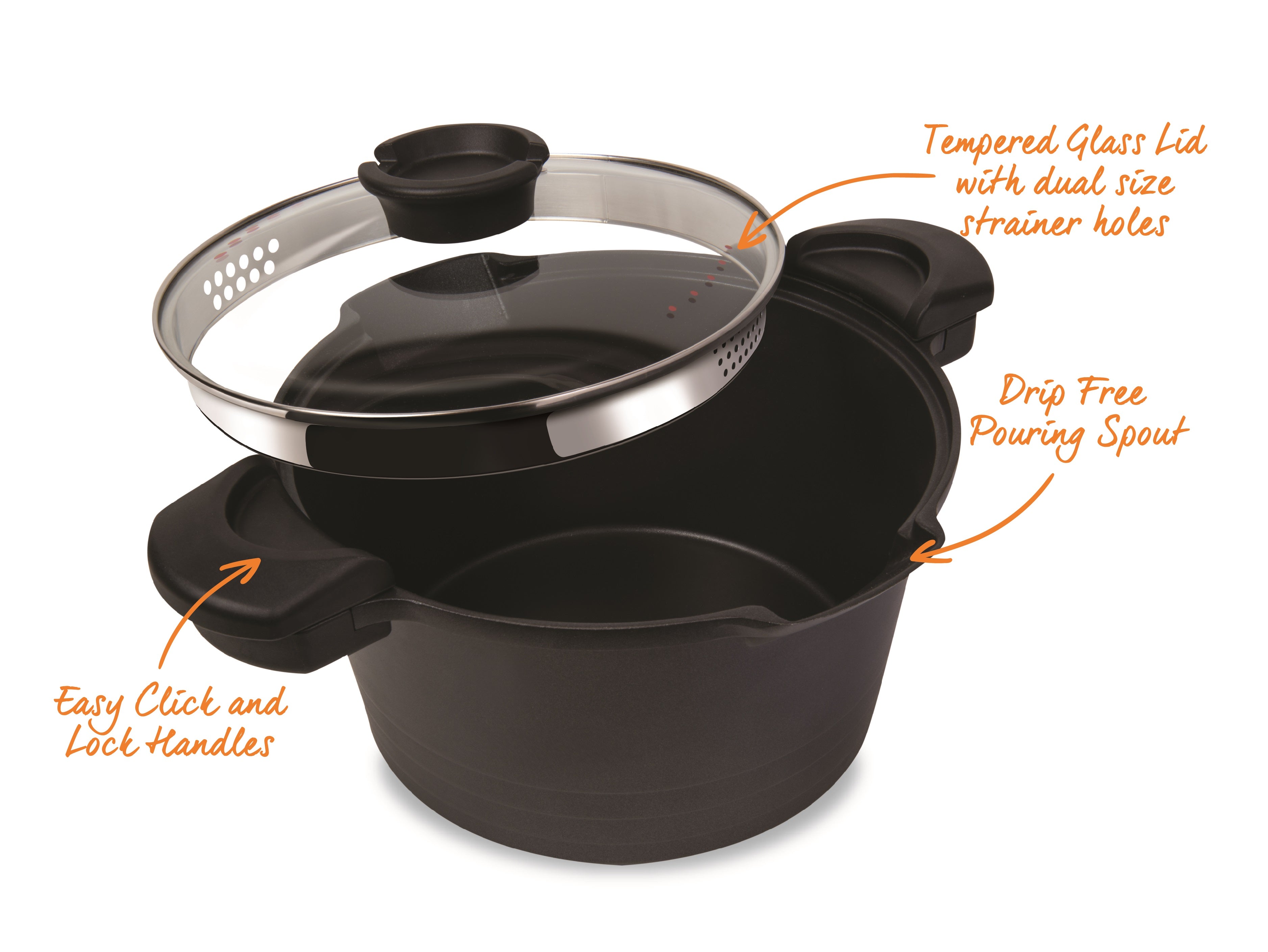 Products 5 QT. STOCK N' PASTA POT WITH EASY POUR STRAINER GLASS LID, 9”