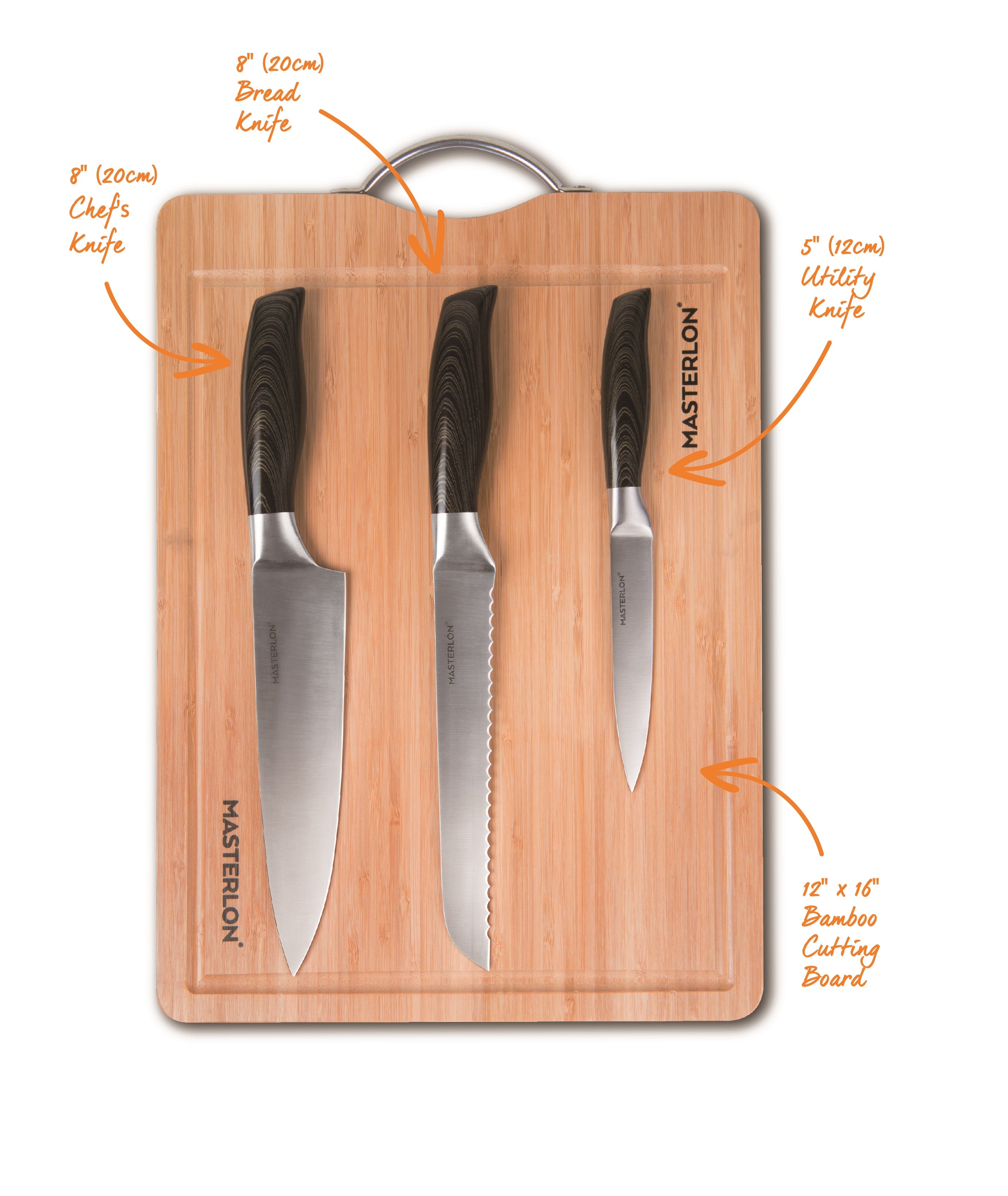 Masterlon knife set on Masterlon wooden cutting board