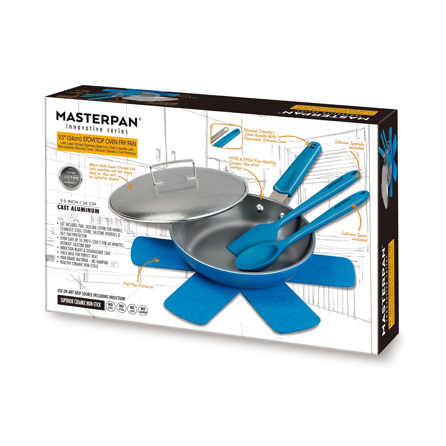 MASTERPAN Ceramic Nonstick Stovetop Oven Frypan & Skillet & Stainless Steel Lid Set, Azure Color 9.5