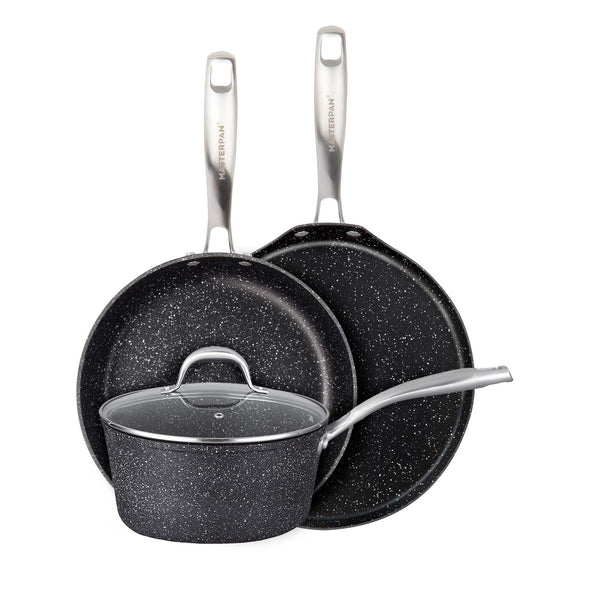 3 PACK BUNDLE - 9.5" FRY PAN + 11" CREPE PAN + 7" SAUCEPAN WITH GLASS LID, WITH STAINLESS STEEL RIVETED HANDLES, CAST ALUMINUM WITH SUPERIOR NON-STICK