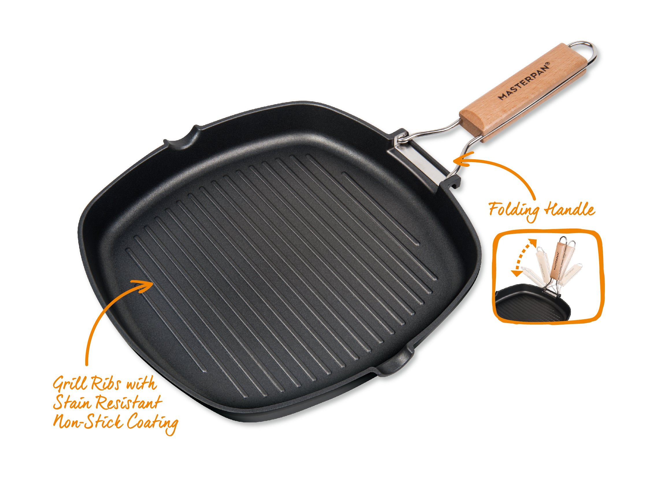 GRILL PAN NON-STICK CAST ALUMINUM WITH FOLDING HANDLE, 8