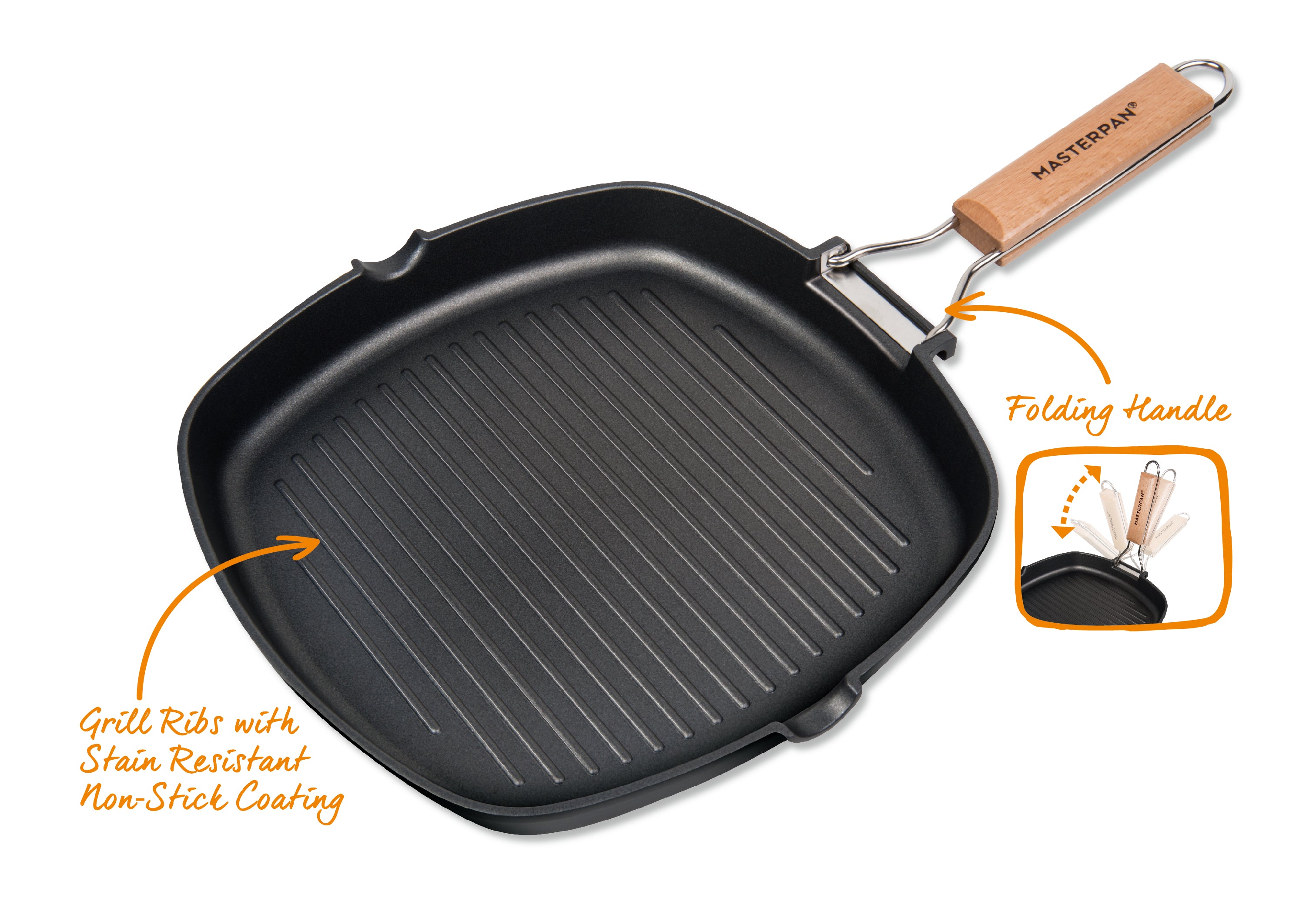 GRILL PAN NON-STICK CAST ALUMINUM WITH FOLDING HANDLE, 11