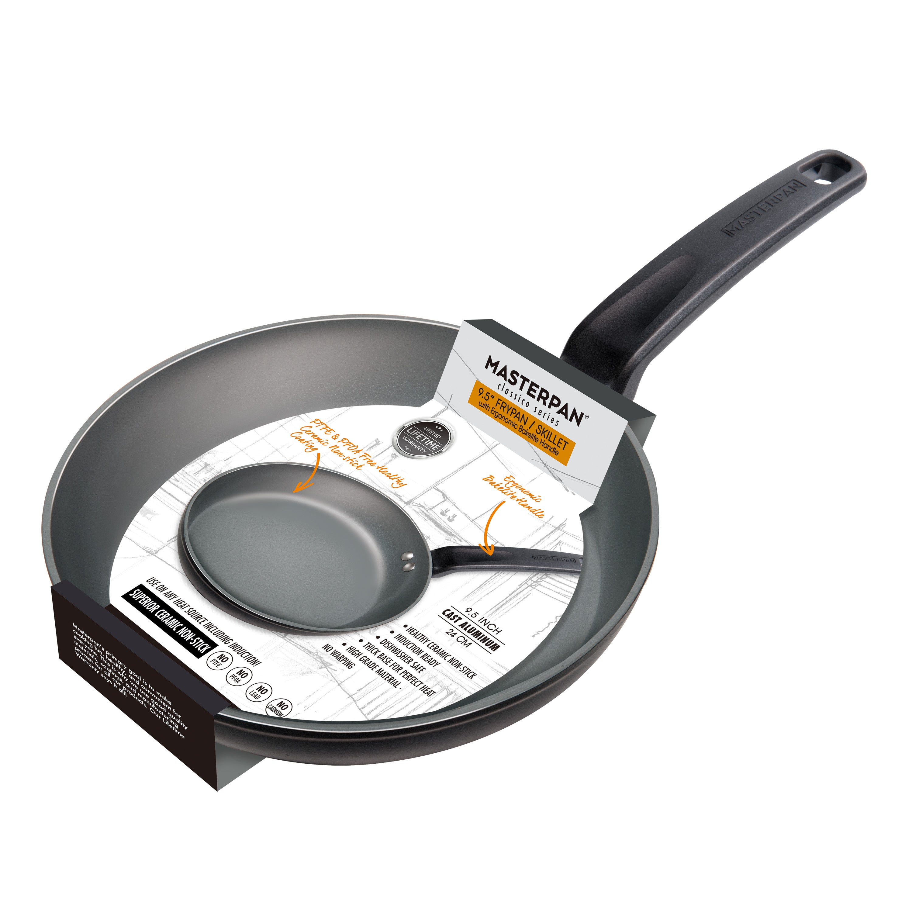 MGC 9.5 inch round frying pan with lid, white Ceramic non-stick coating