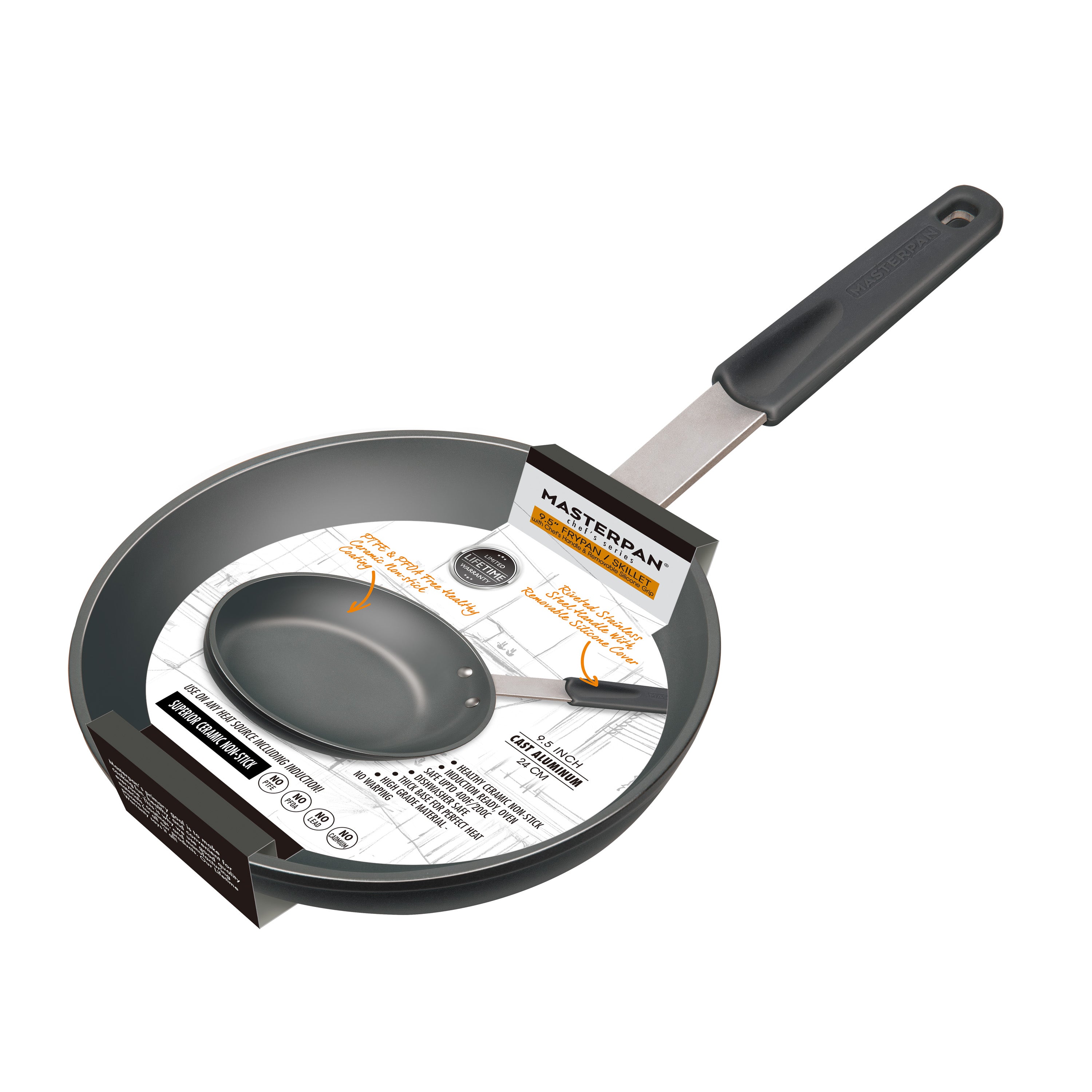 FRY PAN & SKILLET, HEALTHY CERAMIC NON-STICK ALUMINIUM COOKWARE WITH STAINLESS STEEL CHEF’S HANDLE, 9.5” (24cm)