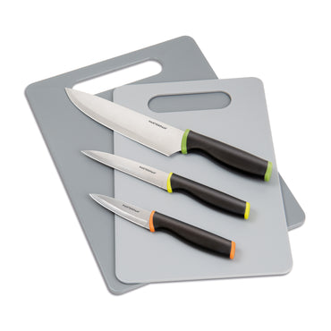 8-PC KNIFE SET WITH PLASTIC CUTTING BOARDS & PROTECTIVE BLADE COVERS, STAINLESS STEEL BLADE AND NON-SLIP HANDLE