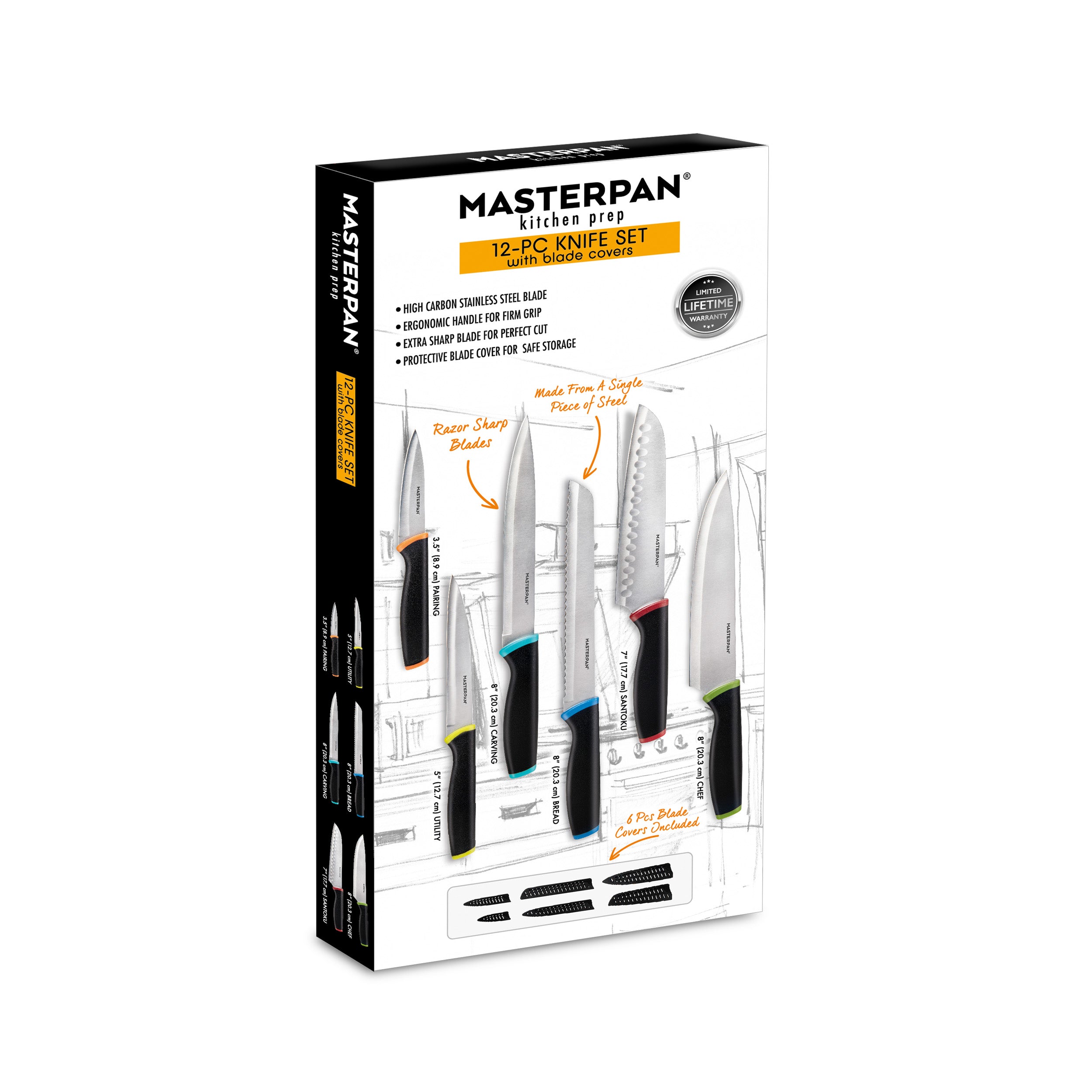 MasterPan Knife Set with Protective Blade Covers, Stainless Steel Blade & Non-Slip Handle - 12 Piece