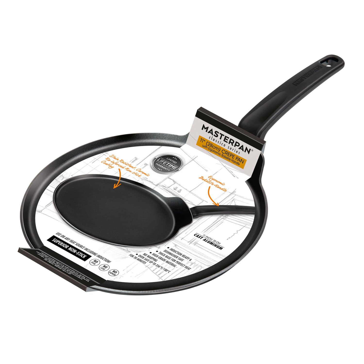 MasterPan 11 in. Crepe Pan & Non-Stick Aluminium Cookware with Bakelite Handle